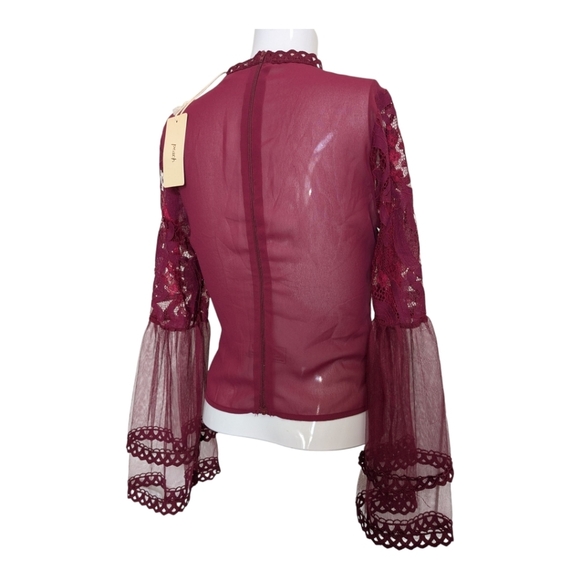 Raspberry Red Long Sleeve Lace Sheer Blouse Whimsy Goth Victorian - Picture 3 of 6